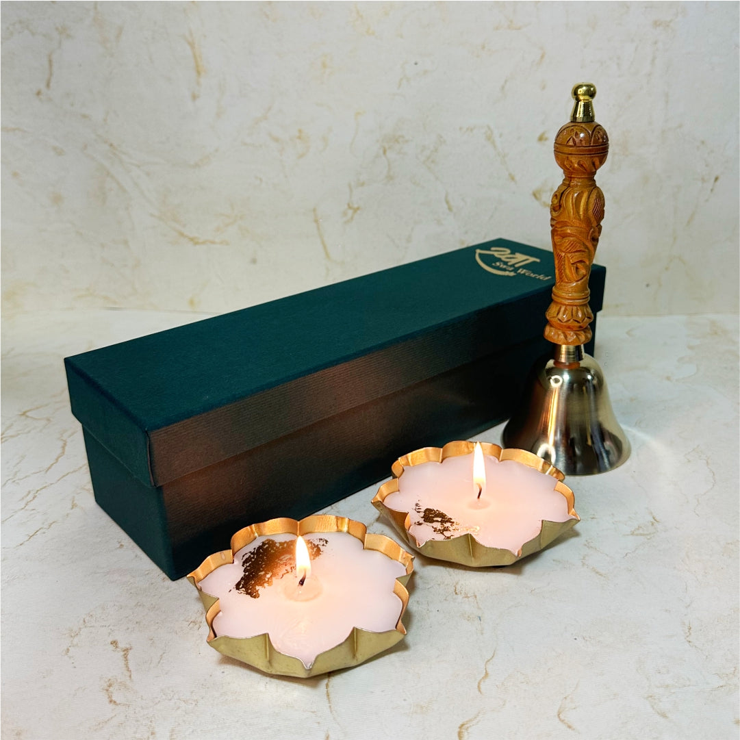 Kansa Temple Bell & 2 Lotus Diyas Gift Box Kansa Temple Bell & 2 Lotus Diyas Gift Box - Image 1